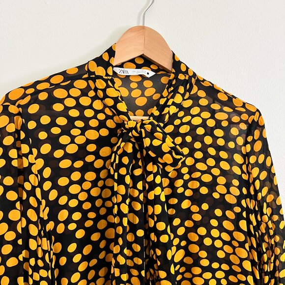 Zara Gold and Black Dot Sheer Bow Neck Blouse - Picture 3 of 6